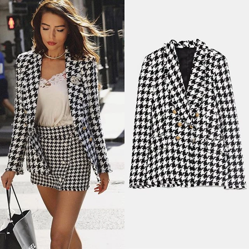 

Stylish Houndstooth Double Breasted Blazer Coat Women Autumn Fashion Long Sleeve Frayed Trims Outerwear Chic Plaid Tops