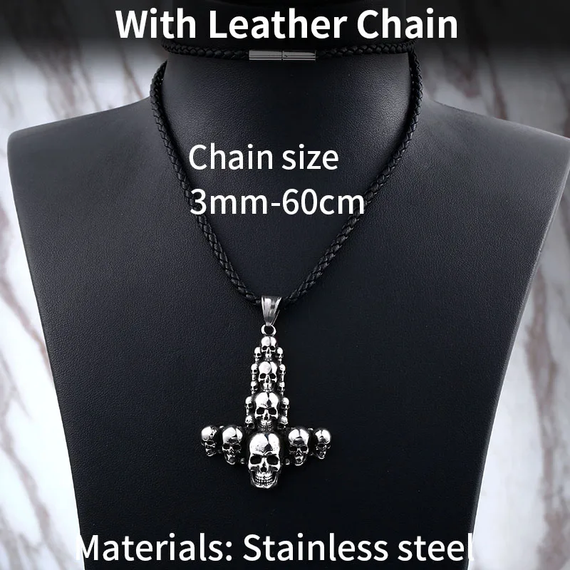 with leather chain Стальной солдат Панк Крест и череп собрать цепочка с подвеской Байкер из нержавеющей стали рок мужские ювелирные изделия - Окраска металла: with leather chain
