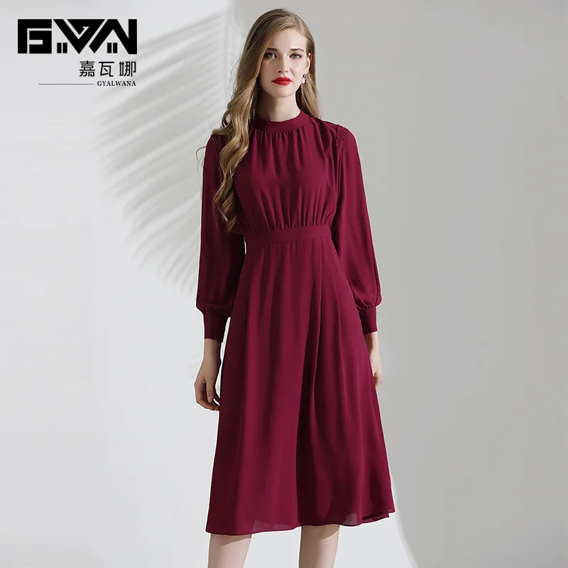

GYALWANA brand fall 2019 New Long Sleeve Chiffon Dress high end wine red a-line elegant runway vintage luxury mid dress women