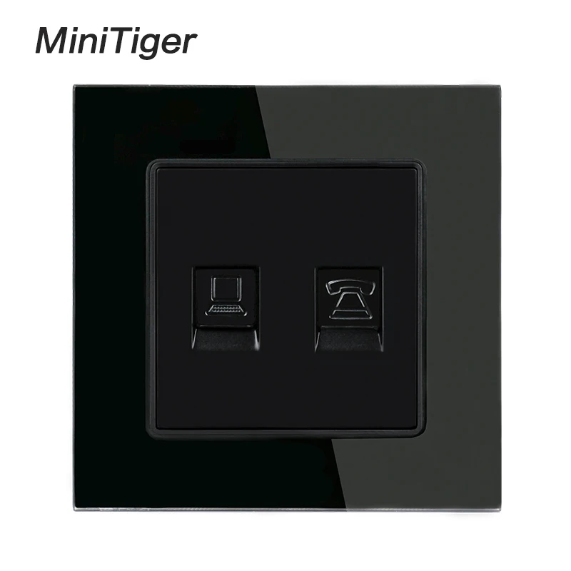 Minitiger белый роскошный кристалл стеклянная панель 1 банда RJ11 Телефон с RJ45 Интернет Джек CAT6 разъем компьютерная розетка