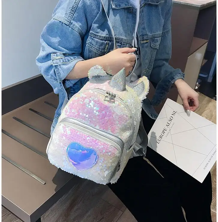 Популярный женский рюкзак с блестками для девочек, цветной ранец с единорогом, Детский Рюкзак Студенческая сумка