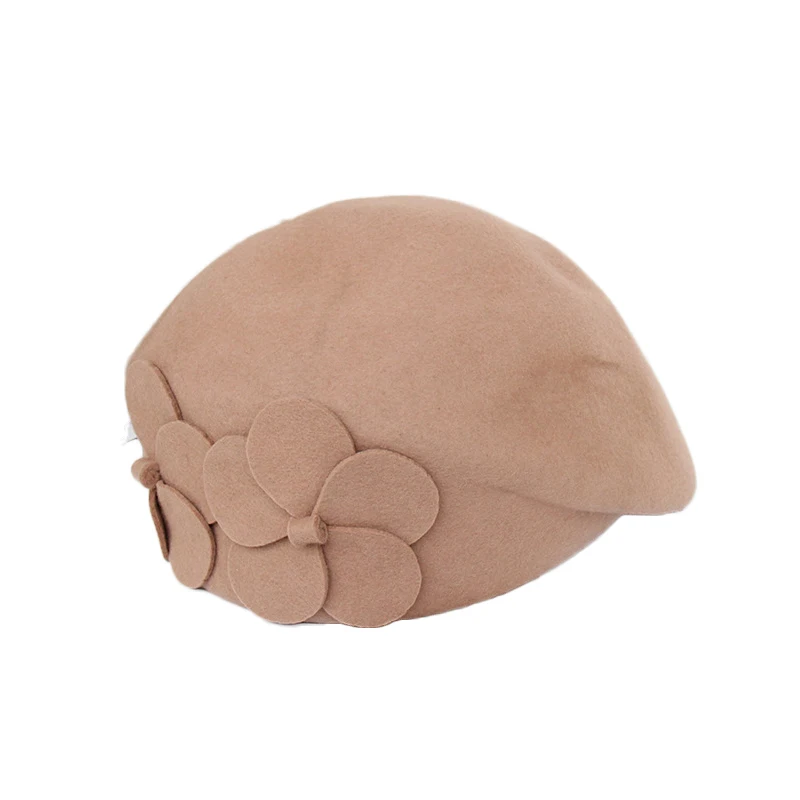 light camel beret FS, винтажный цветочный шерстяной берет, шапки для женщин, Осень-зима, женские, королевские, синие, винно-красные, вечерние, формальные, шерсть, фетровые шапки - Цвет: light camel beret