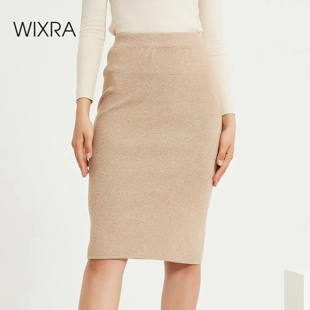 Wixra Womens Knitted Straight Skirts Solid Basic Ladies High Waist Knee-length Skirt Streetwear 2020 Autumn Winter New Wixra Womens Knitted Straight Skirts Solid Basic Ladies High Waist Knee-length Skirt Streetwear 2020 Autumn Winter New