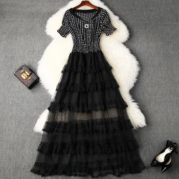 

Women dress 2020 summer fashion short sleeve zipper front polka dots patchwork ruffles black mesh long dresses casual