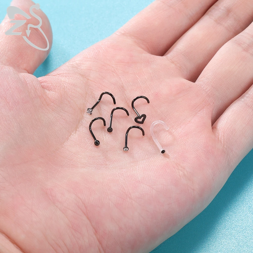 ZS 6-34pcs/Lot Heart Round Nose Piercing Ring Set Stainless Steel Crystal Nose Stud Pack L Shape Nose Nails Piercing Jewelry 20g
