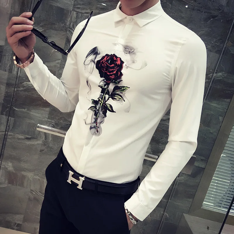 Beste Mannen Shirt Koreaanse Slim Fit 2018 Nieuwe Digital Print Casual mannen Sociale Shirts Lange Mouwen Night Club Party Shirt camisa Masculina