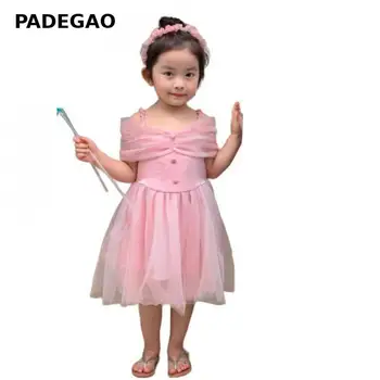 

Girls Dress Shoulderless Pink Mesh Princess Dress Girls Pink Mesh Girl Summer Dresses For Party Wedding Kids Costume 2020 New
