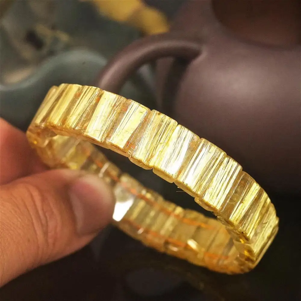 

13x6mm Natural Gold Rutilated Titanium Bangle Bracelet Jewelry For Women Men Brazil Rectangle Beads Stretch Bracelet AAAAA