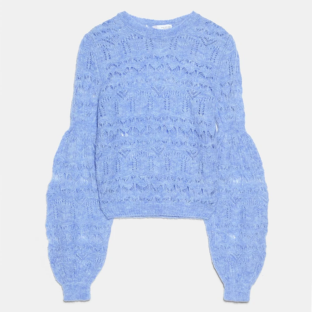 ZA свитер женский модный однотонный полый сексуальный весенне-осенний элегантный эффектный круглый вырез с пышными рукавами свитера вечерние оптом - Цвет: Blue
