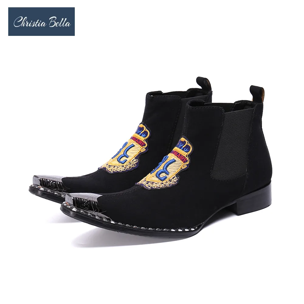 

Christia Bella British Suede Leather Men Chelsea Boots Embroidery Square Toe Men Ankle Boots Winter Fashion Short Boots Slip On