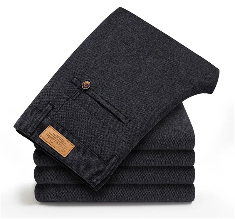 Autumn Winter High Quality Cotton Linen Solid Color Casual Pants Pocket Leather Medal Badge Men's Business Fashion Slim Trousers