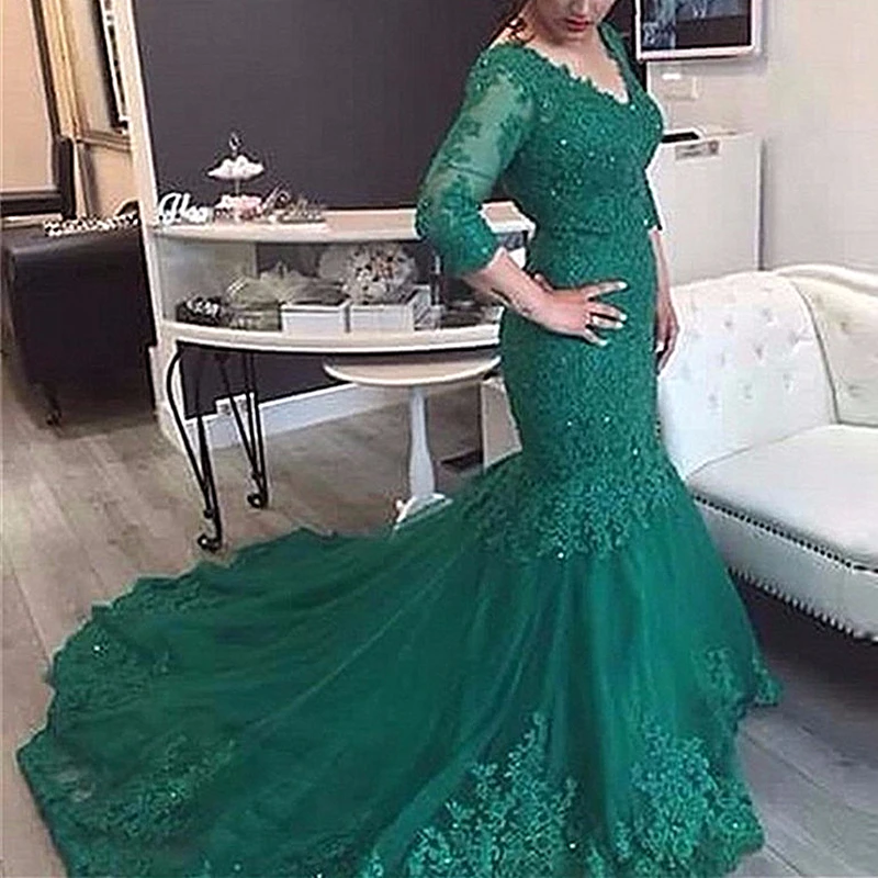 

Dark Green Lace Mermaid Evening Dress 3/4 Sleeve V Neck Beading Fashion New Mother of the Bride Dresses Wedding Party Gowns Prom