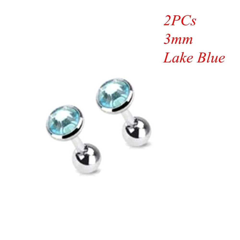 3mm lake blue 2 шт хирургическая сталь драгоценный камень штанга ушной хрящ трагус спираль серьга-гвоздик для пирсинга Циркон многоцветные серьги гвоздики ювелирные аксессуары - Окраска металла: 3mm lake blue