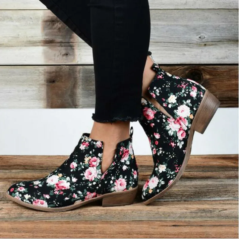 

ankle boots for women Flower slip on low heels shoes big size pu leather chaussure zapatos de mujer A136