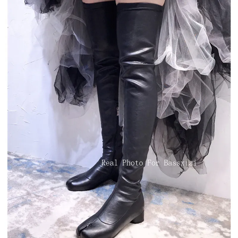 Black Leather Over The Knee Boots Women Split Toe Side Zipper High Heel Boots Woman Sexy Knight Boots