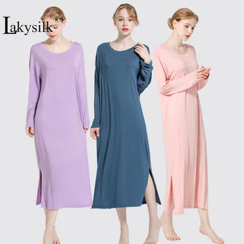 

Model Women Nightgowns Sleepwear Casual Night Dresses Plus size Long Sleeve Solid Casual Dresses Women Loose Maxi Home Clothes