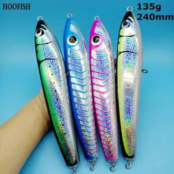 

HOOFISH 4PCS/LOT Big pencil wood lure 135g/24cm Topwater GT Surface Trolling Lures Deep Sea Fishing bait