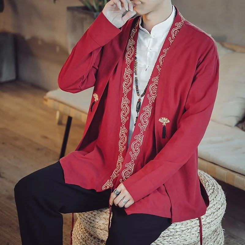 Китайский модный стиль для мужчин Топ традиционный костюм в стиле династии Тан одежда свободная Вышивка кимоно Мужская рубашка пальто Макси M-5Xl KK3183