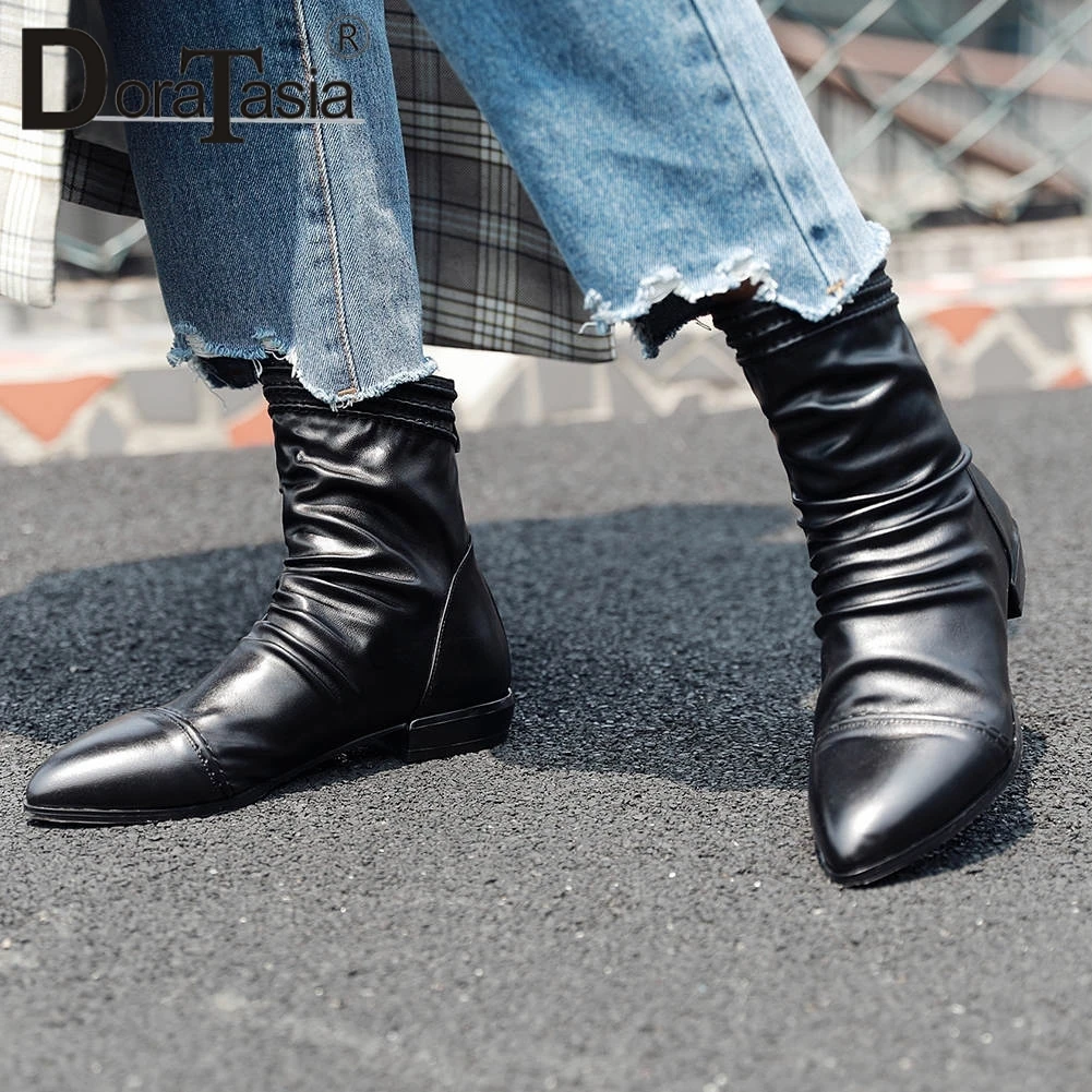 

DORATASIA Fashion Soft Pleated Booties Lady Pointed Toe Genuine Leather Ankle Boots Women 2019 Mature Low Heel OL Shoes Woman
