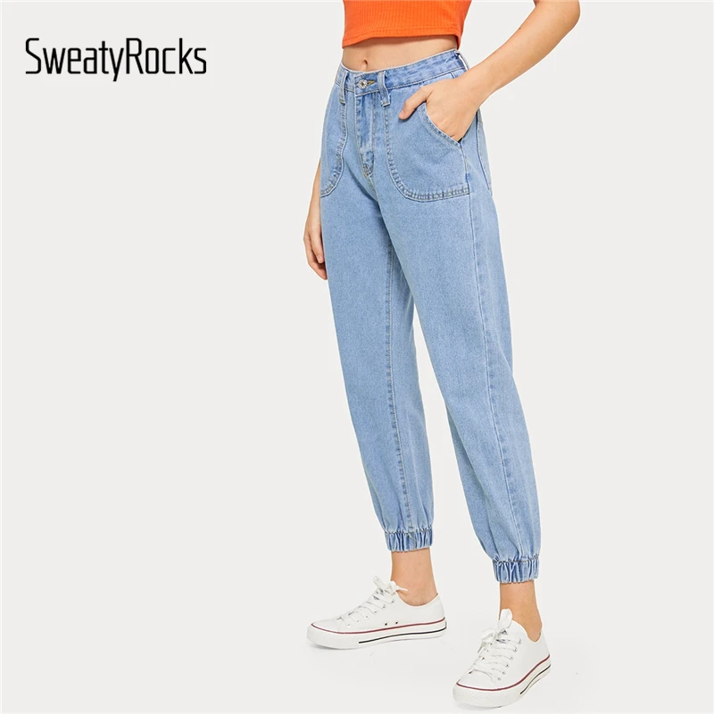 SweatyRocks однотонные джинсы с пуговицами и карманами, одежда для активного отдыха, женские повседневные зауженные джинсы, Осенние Синие повседневные джинсы