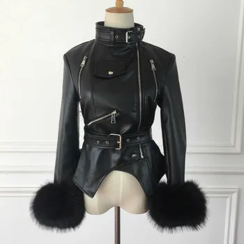 

2019 Winter Plus Velvet Thickening Imitation Fox Fur Cuffs Collar Collar Leather Motorcycle Clothing Women's Jacket XX035
