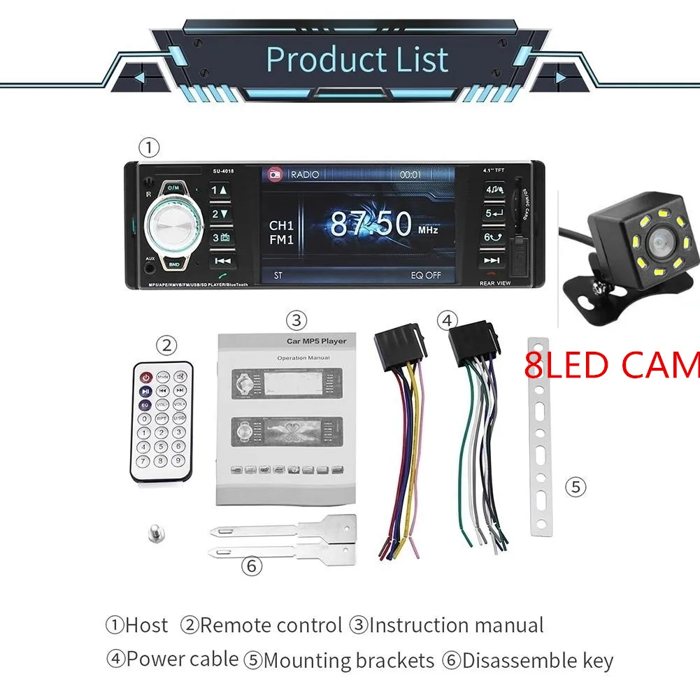 MP 5 автомобильный стерео радио MP3 MP4 плеер 4,1 ''HD TFT 12V Аудио Видео FM/USB/SD/Поддержка Bluetooth Hands Free дистанционное управление - Цвет: with 8 led  cam
