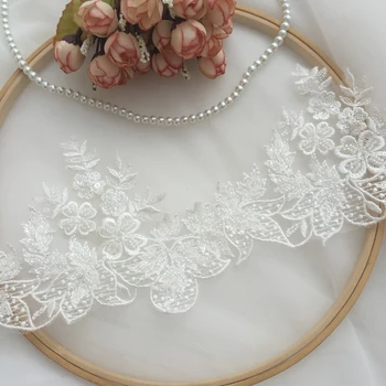

Elegant Design Ivory Bridal Tulle Embroidered Floral Beaded Lace Applique For Wedding Dress