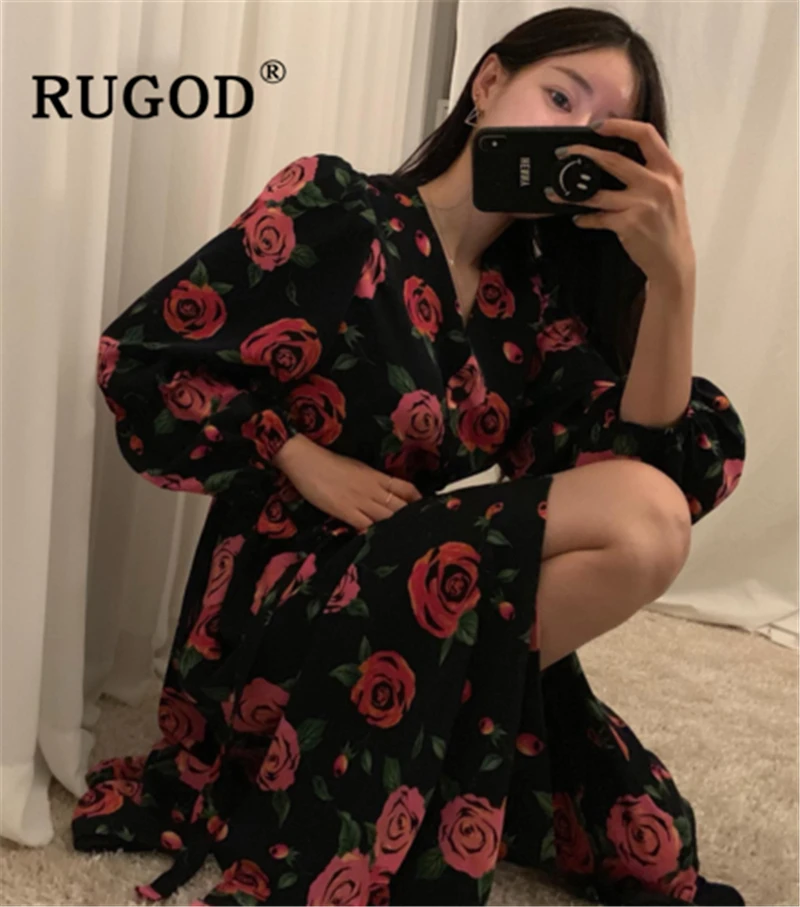 RUGOD корейское шикарное женское платье с цветочным принтом винтажное однобортное кружевное длинное платье для вечеринки весеннее модное пляжное платье