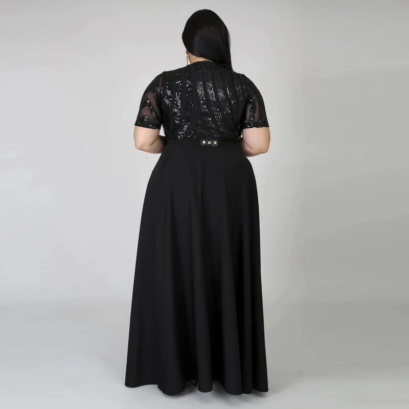 Женские платья больших размеров 4XL 5XL с v-образным вырезом, расшитые блестками, с коротким рукавом, облегающие и Расклешенные платья макси, Клубные вечерние винтажные платья с блестками