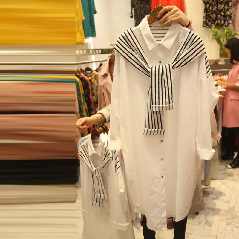 

Spring Autumn Women's Top Korean Wild Striped Shawl Blouse New Long-sleeved Loose Casual Mid-length Female Tops LL250