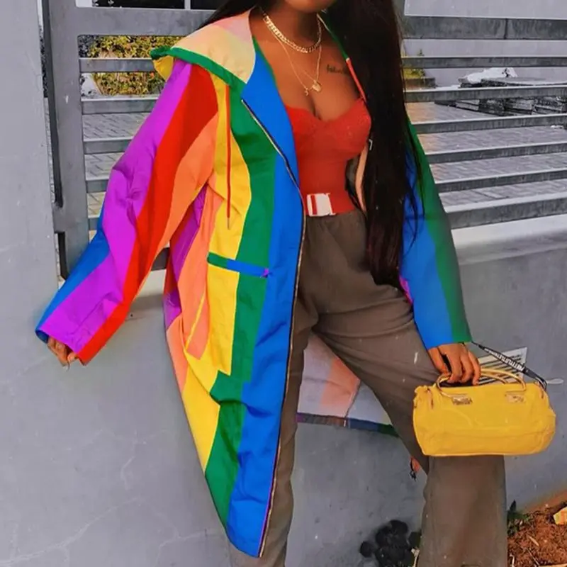 

Rainbow Stripe Print Trench Coat Women Oversized Hooded Outwear Fall 2019 Fashion Zipper Pockets Streetwear Plus Size Overcoat