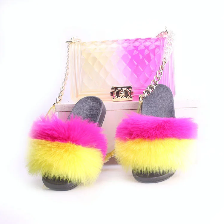 

2020 Factory Wholesale Hot Woman Slides Fox Fur Shoes with Colorful Jelly Bags Set Pvc Candy Bag Shoes Sets Woman Fur Slides
