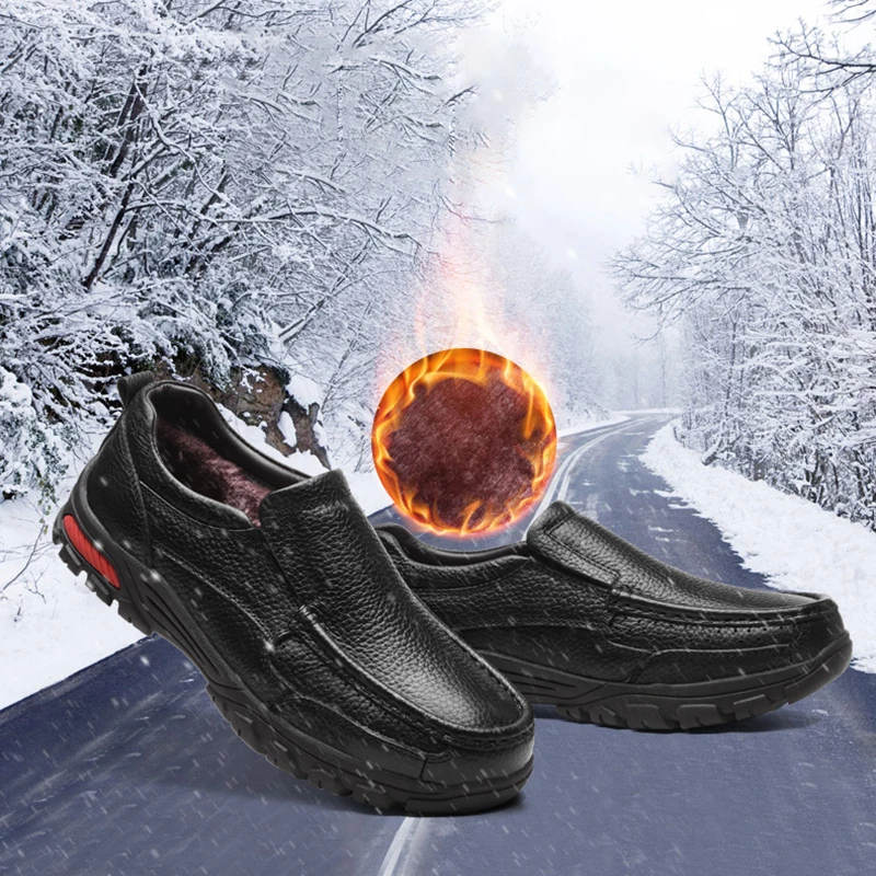 Genuine Leather Shoes Men Large Size 38-48 Slip-on Loafers With Fur Men's Casual Shoes Fashion Warm Footwear Zapatillas Hombre