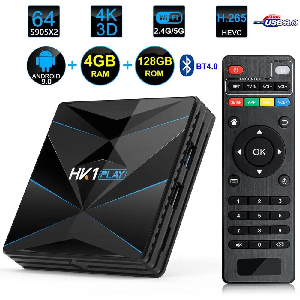  HK1 Play Android 9.0 Smart TV Box Amlogic S905X2 4GB RAM 128GB ROM USB 3.0 BT4.0 2.4G/5G Dual WIFI 