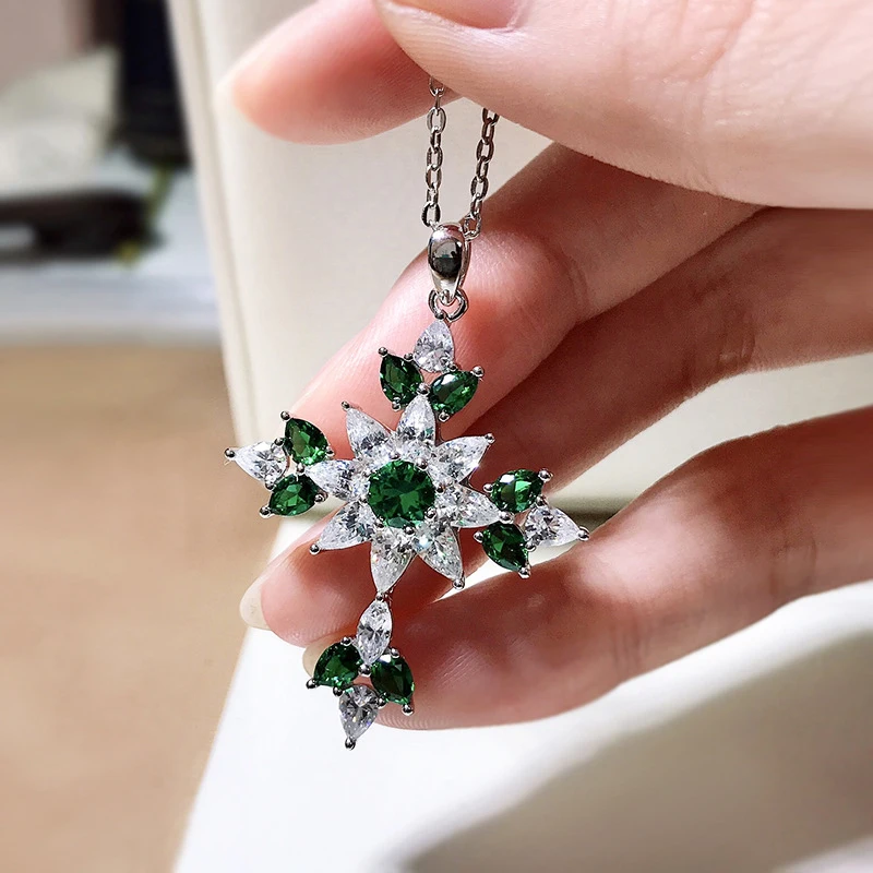OEVAS 100% 925 Sterling Silver Emerald High Carbon Diamond Cross Pendant Necklace For Women Sparkling Wedding Fine Jewelry Gift
