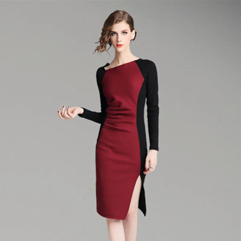

2019 Spring New Style Europe And America Big Brand Boutique High-End WOMEN'S Dress Joint Contrast Color Knit Slit Dress