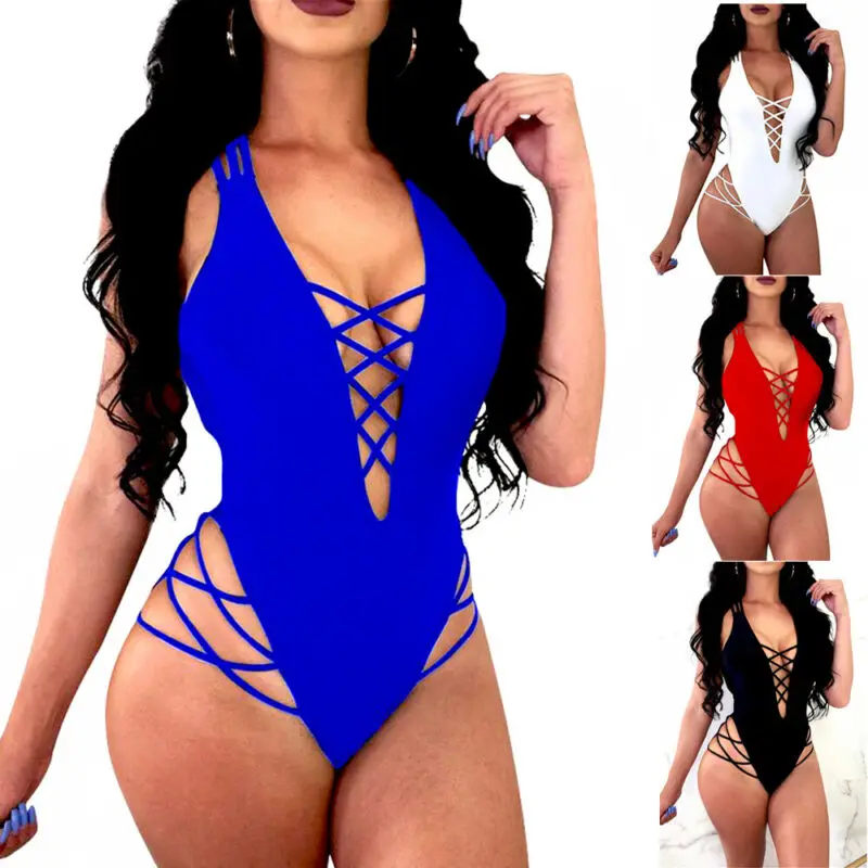 Women Onepiece Swimsuit V Neck Bandage Cross Bikini Pushup Padded Bra