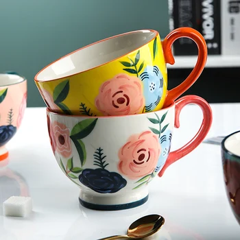 

1Pc Ceramic Coffee Mug Hand Painted Floral Coffee Tea Cup Porcelain Latte Milk Tea Mug Large Breakfast Cereal Mug Gift Drinkware