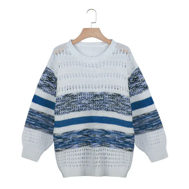 Fashion Striped Pullover Sexy Pullover Long Sleeve Casual Women Ladies Hollow Out Sweaters Woman Plus Size Pullovers