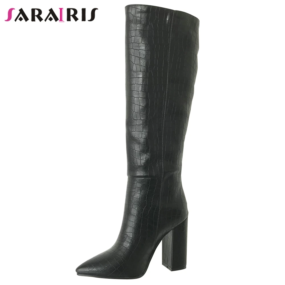 

SARAIRIS Brand Female Winter Pointed Toe High Heels Boots 2020 Slip On Fashion Boots Women Mid Calf Shoes Woman
