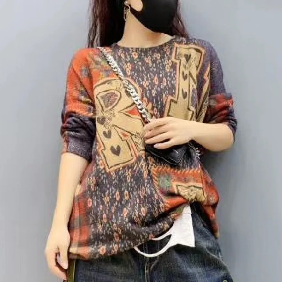 

o-neck long sleeve loose large size printing casual sweater retro sweater women's pullover YJ