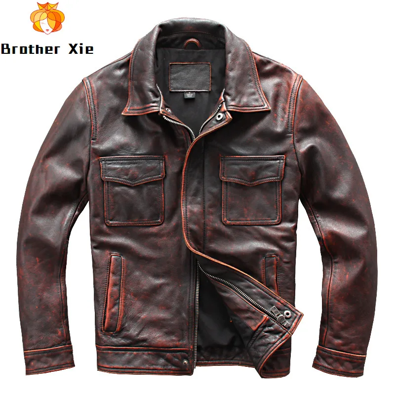 

2020 Vintage Men's Genuine Leather Motorcycle Jacket Plus Size 4XL Multi Pockets Genuine Cowhide Coat for Male