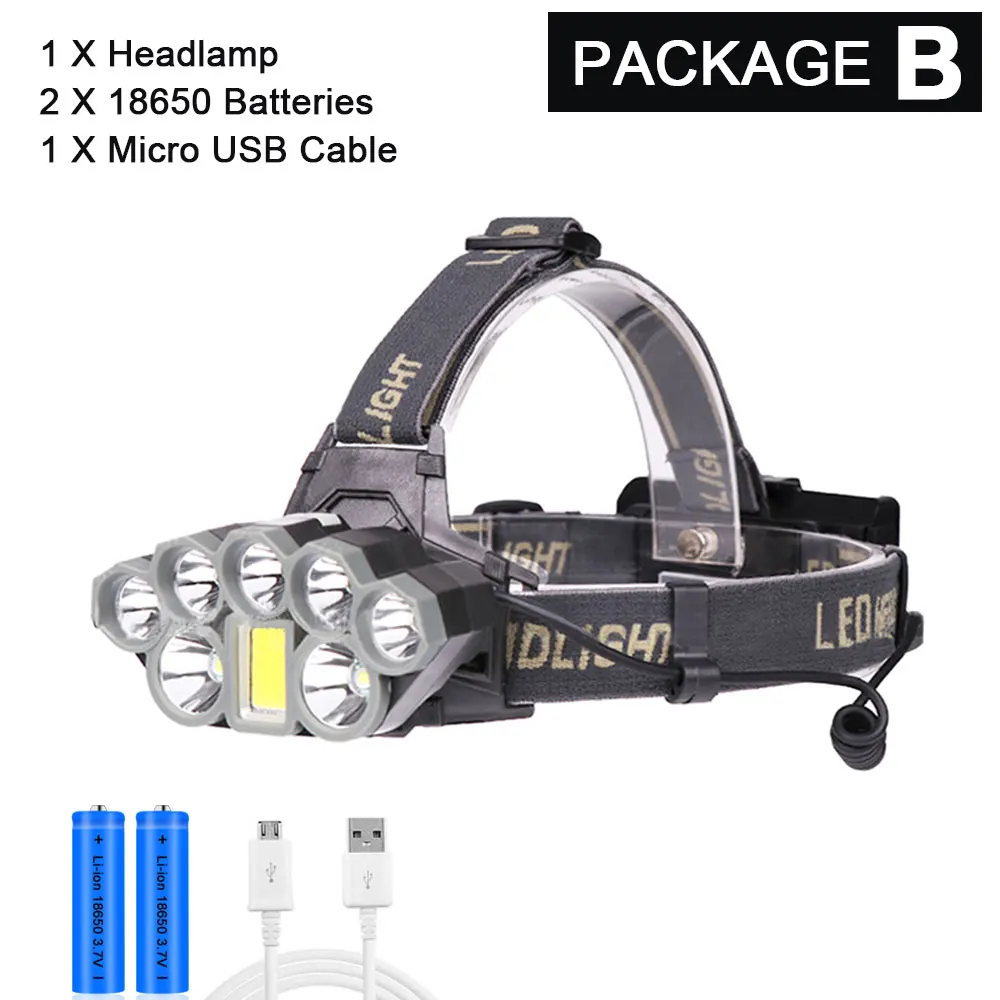 Супер яркий 8 светодиодный налобный фонарь 2* T6+ 5* Q5+ COB светодиодный Перезаряжаемые светодиодный налобный фонарь 18650 Батарея Мощный USB Зарядное устройство фар - Испускаемый цвет: Package B