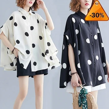 

Size Women Plus Blouse Shirt Big Size Summer Casual Lady Tops Tunic Print Polka Dot Loose Female Clothes