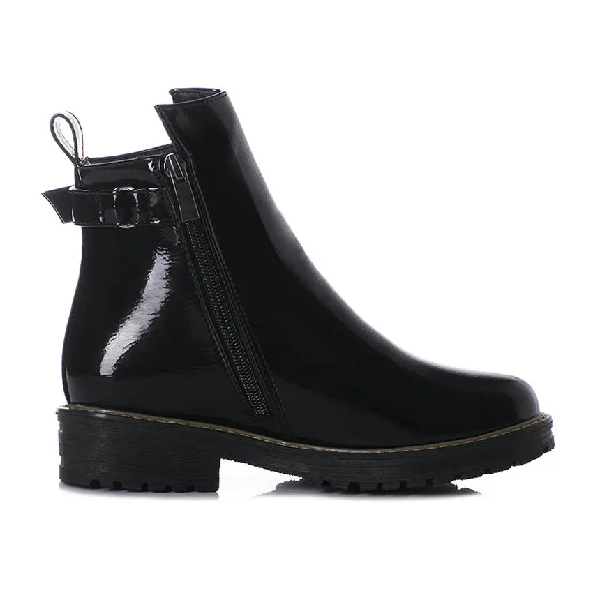 QUTAA PU Patent Leather Autumn Winter Square Middle Heel Women Shoes Round Toe Fashion Buckle Zipper Ankle Boots Size 34-43