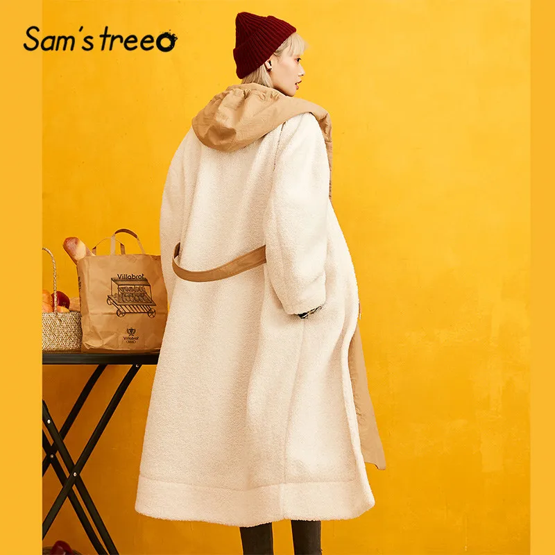 Kopen SAM S BOOM Solid Straight Hoodies Teddy Lui Wollen Jas Vrouwen 2019 Winter Belted Single Button Fake Twee Stukken Losse Vrouwelijke jassen
