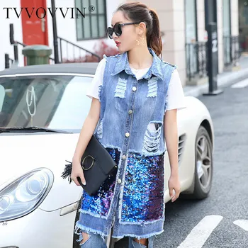 

TVVOVVIN New 2019 Spring Autumn Korea Style Women Pockets Hole With Sequins Turn-down Collar Open Stitch Vest Tide C232