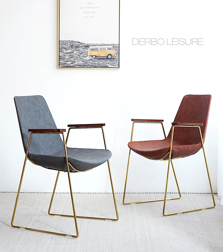 

Modern Classic Nordic Fashion Wood Metal Design Loft Style Gold Color Leg Golden PU Leather Pad Dining Arm Side Cafe Chair 1PC