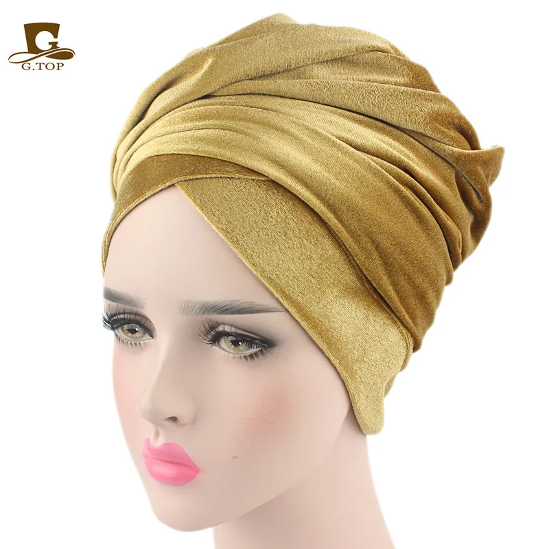 Роскошный мягкий вельветовый тюрбан Велюровая шапочка для душа головной убор хиджаб шапка мусульманский шарф мусульманский головной платок - Цвет: Золото