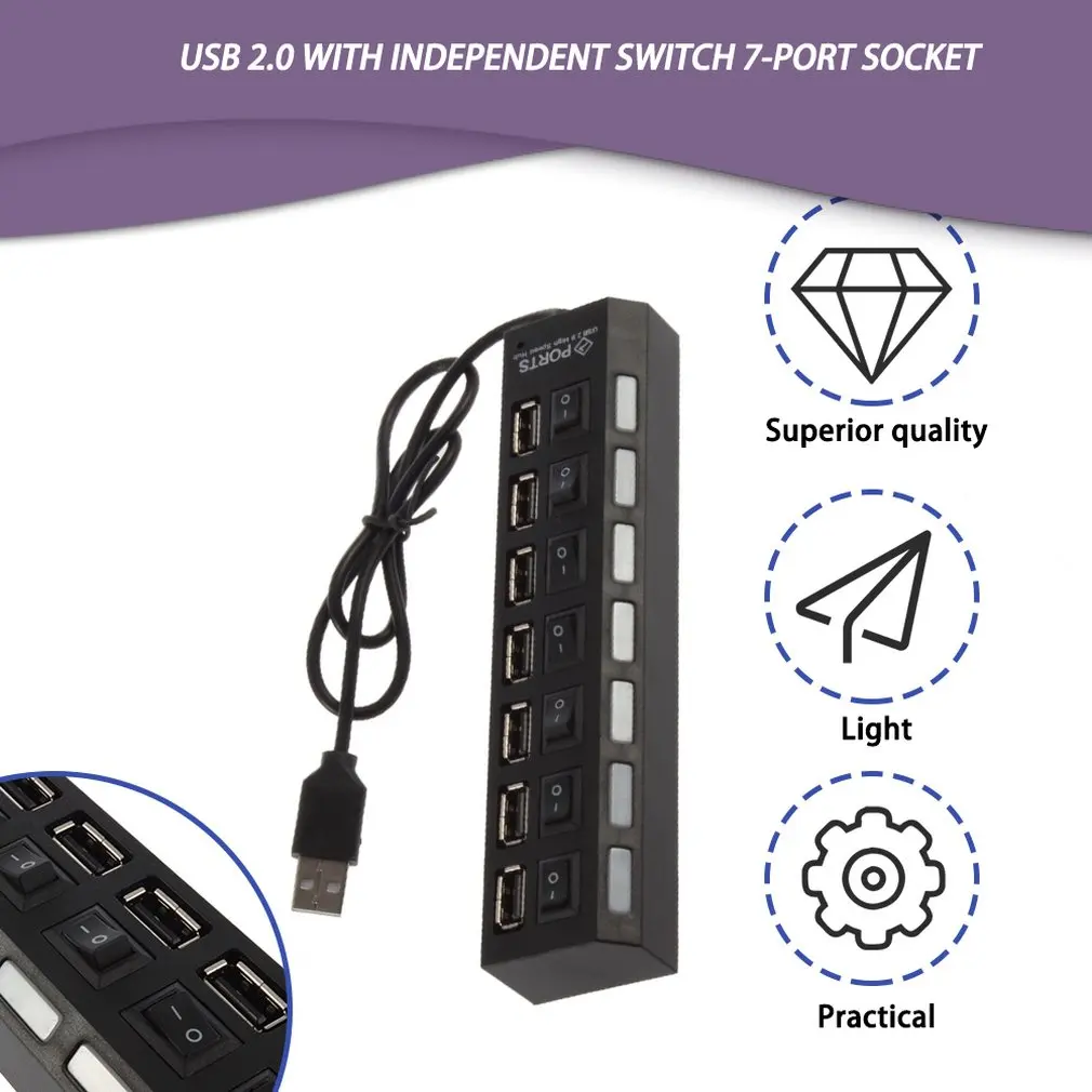Высокое качество переключатель включения/выключения мини 7 портов USB 2,0 высокоскоростной концентратор Черный для ноутбука для ПК черный эргономичный дизайн